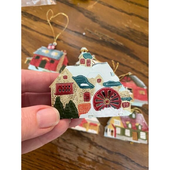 Vintage Painted Filigree Metal House Mill Barn Ornament Christmas Light Covers - Picture 2 of 4